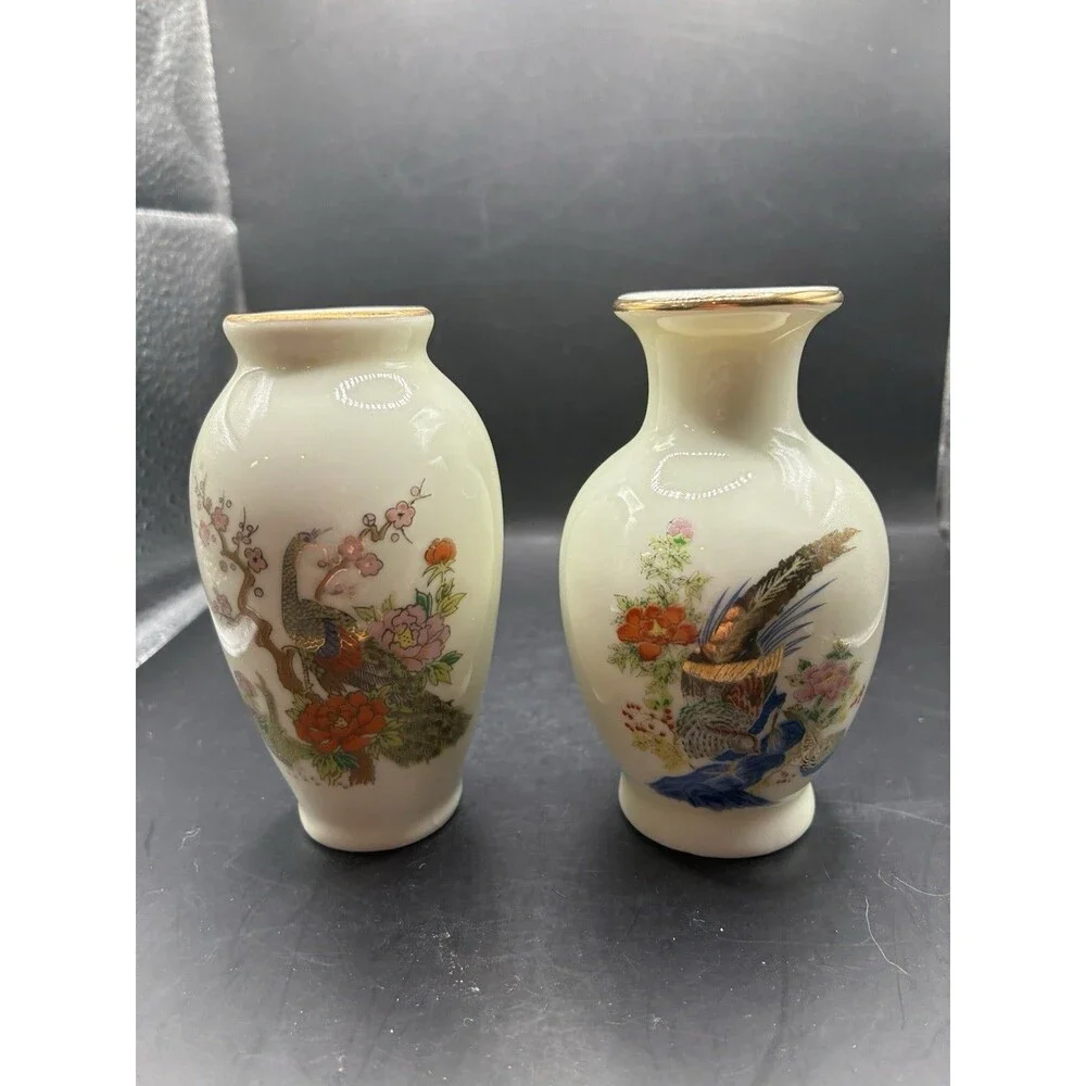 2 Vintage Mini Japanese Porcelain Vases. One With Peacock One with Pheasant,